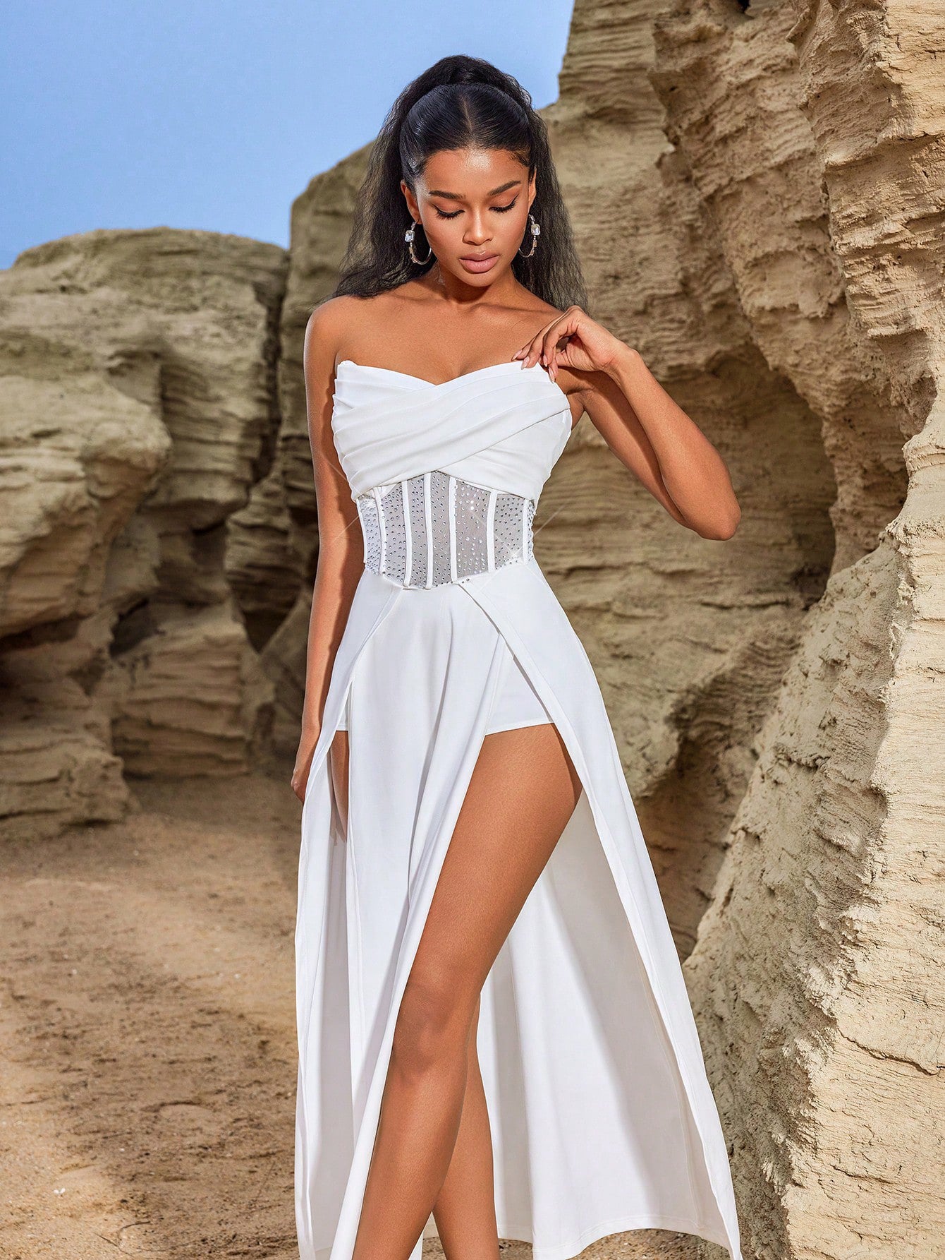 Women Backless Cross Strapless Rhinestone High Slit Sexy Dress 6
