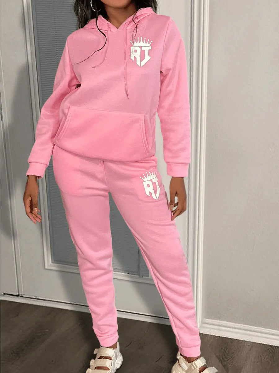 Women Casual Print Fleece Hoodies and Pant Sport Two-Piece Set 3