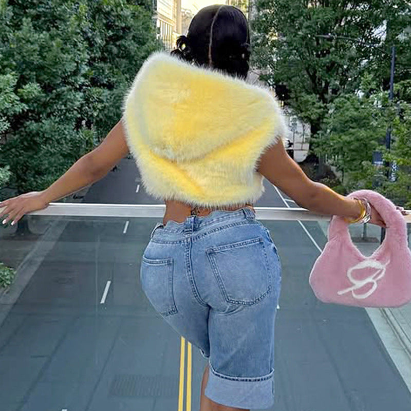 Women's Autumn Winter Solid Color Fur Zipper Hooded Sleeveless Cropped Top 5