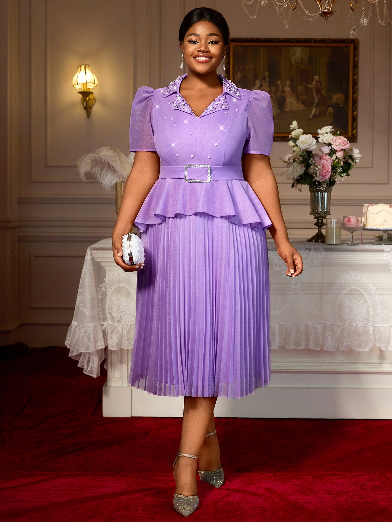 Plus-Size Women Turndown Collar Beaded Ruffle Dress