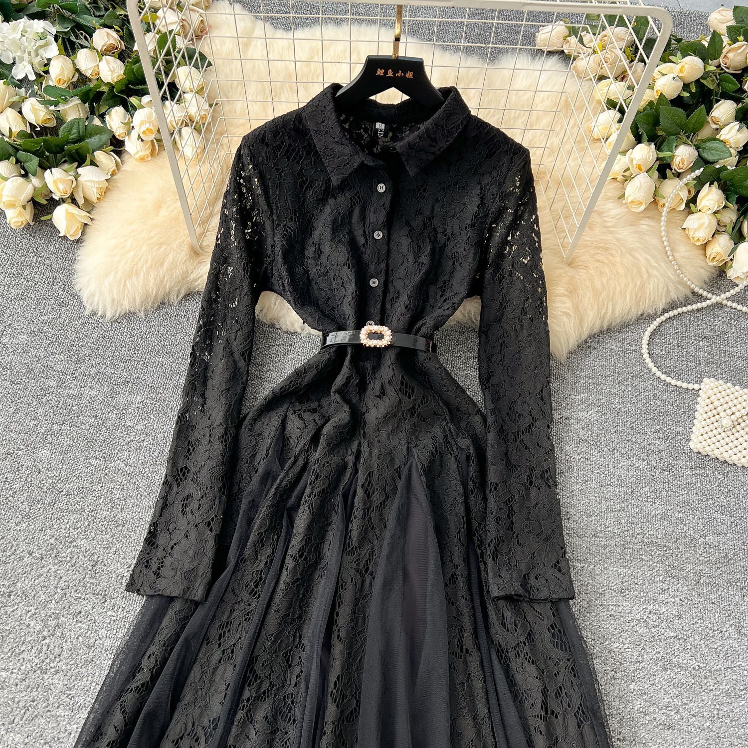 Elegant Women's Lace Patchwork Mesh Irregular Midi Dress 8