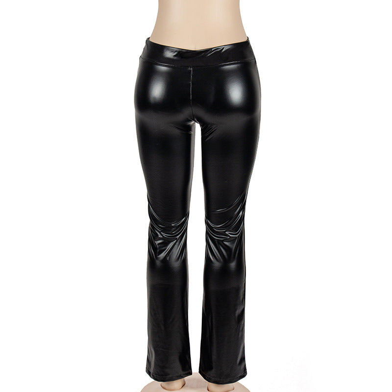 Women Fall Solid Bell Bottom Slit PU-Leather Pant 7