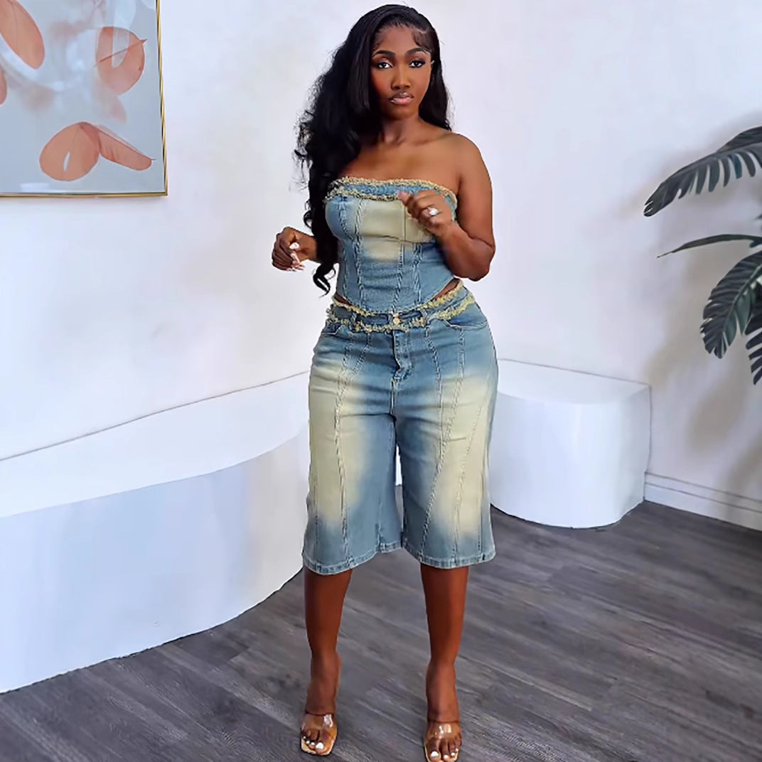 Women Denim Top Denim shorts two-piece set