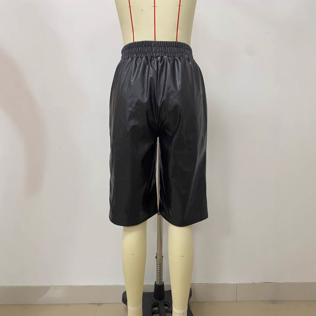 Women Summer Loose Casual Pocket Pu-Leather Shorts 4