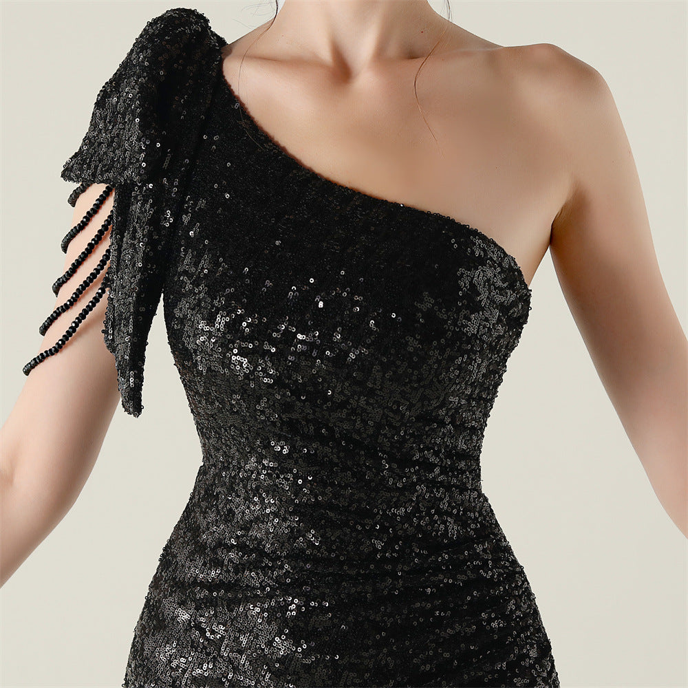 Plus Size Women clothing one-shoulder nail flower beaded evening dress 31