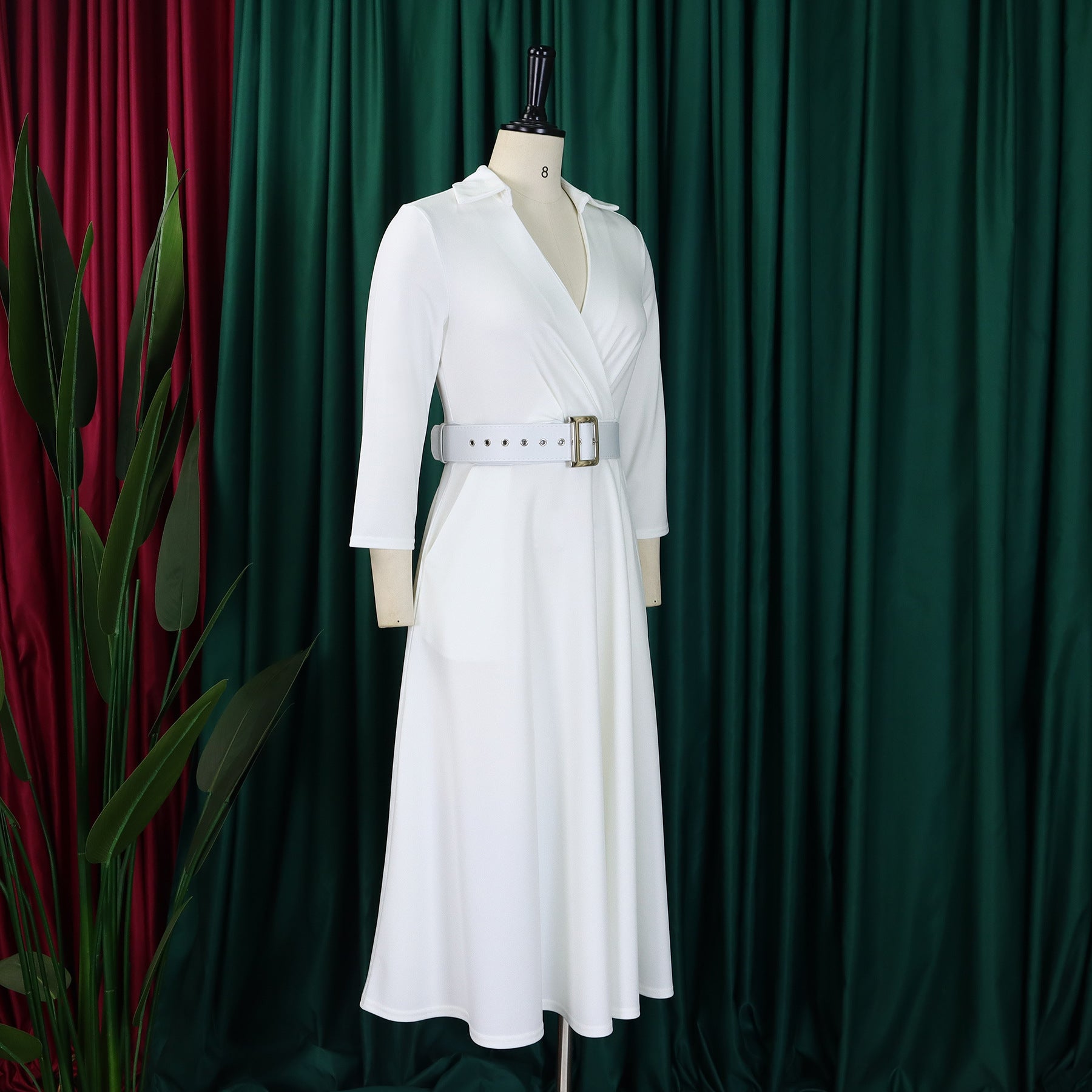 Plus Size Women Autumn Turndown Collar Solid Dress 15