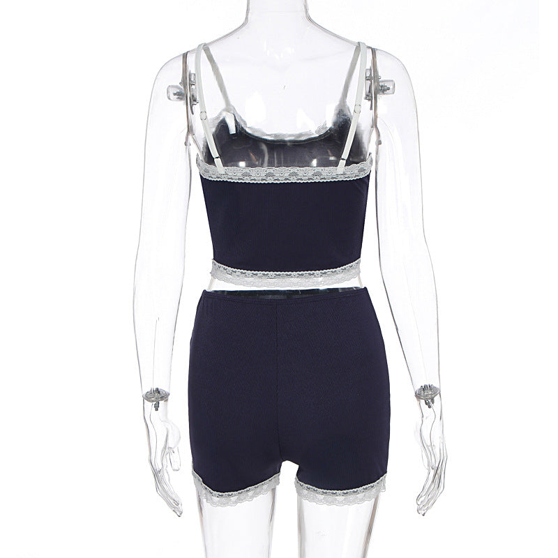 Summer Women's Fashion Sexy Strap Lace Casual Shorts Set 7