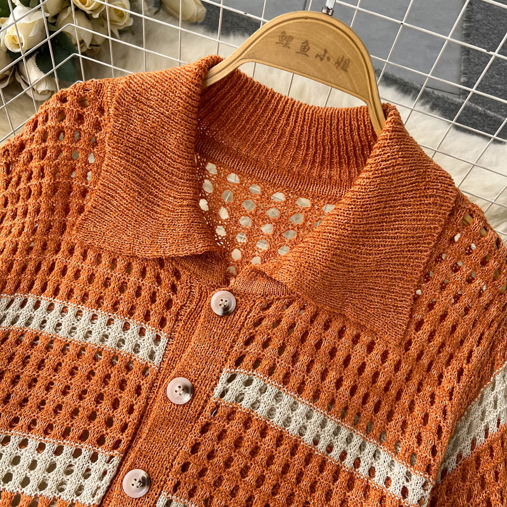 Spring/Summer Holidays Set for Women Turndown Collar Short-Sleeve Loose Top + Slit Skirt Two-Piece Set 14