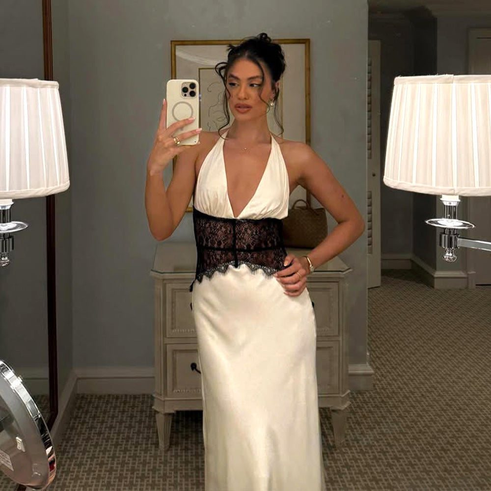 Women Summer V Neck Backless Lace See-Through Sexy Dress 9