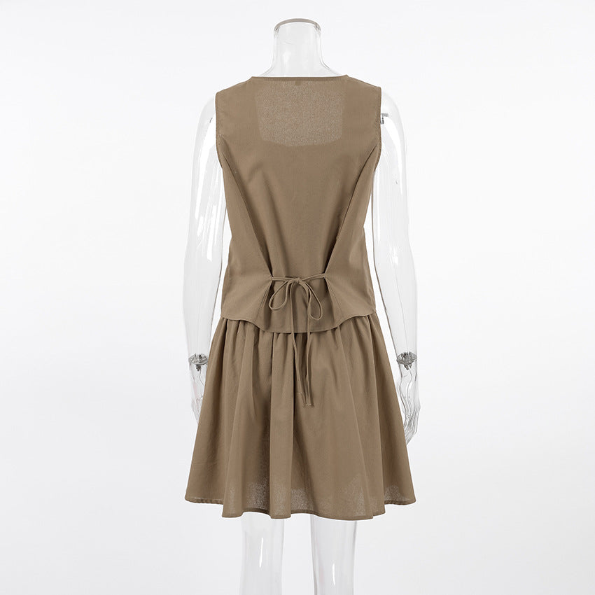 Summer Fashion Cotton Khaki Women's Sleeveless Vest Top Short-Skirt Two-Piece Set 8