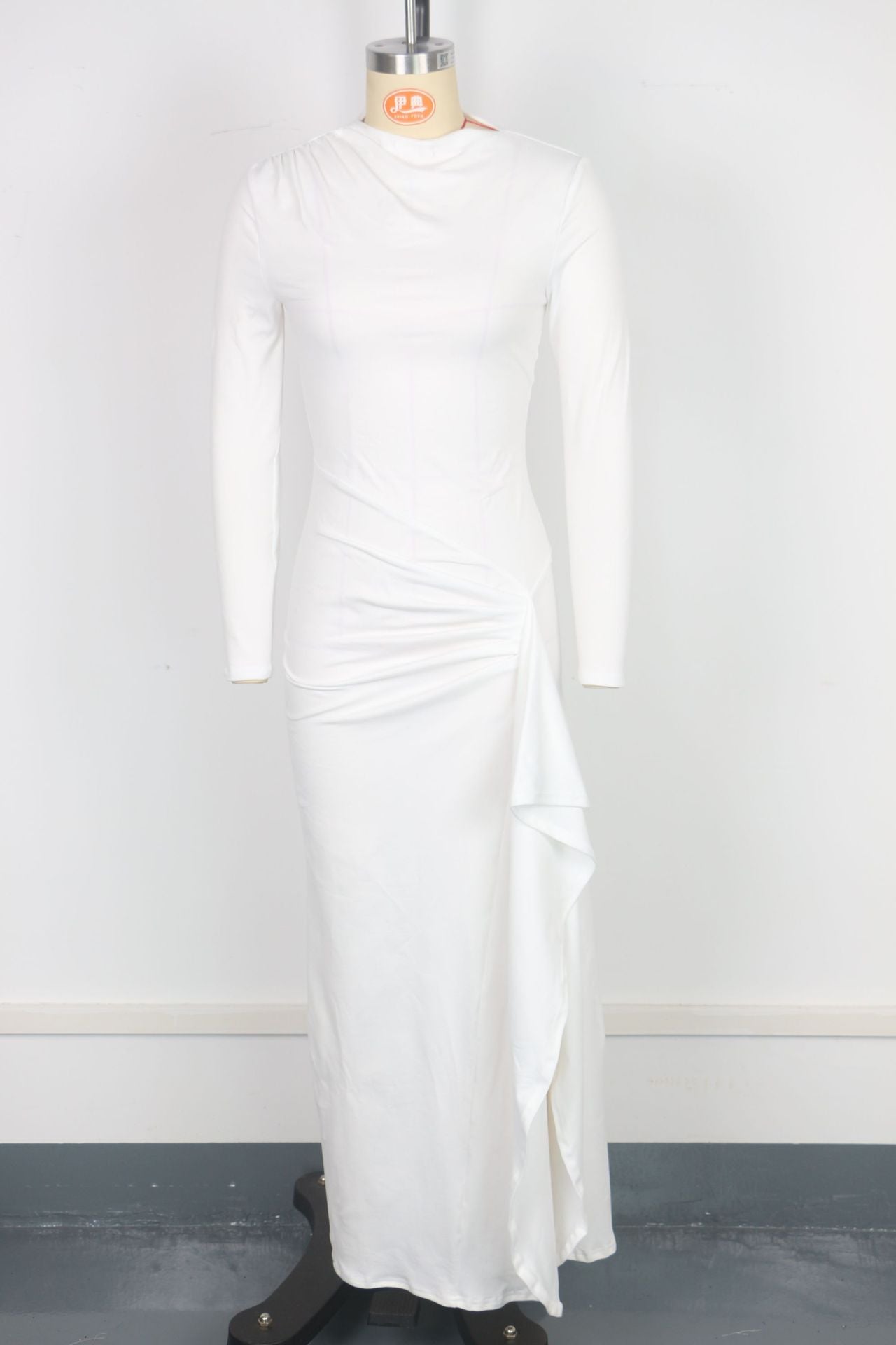 Women elegant Slash Shoulder collar pleated high collar long sleeve irregular slit dress 10