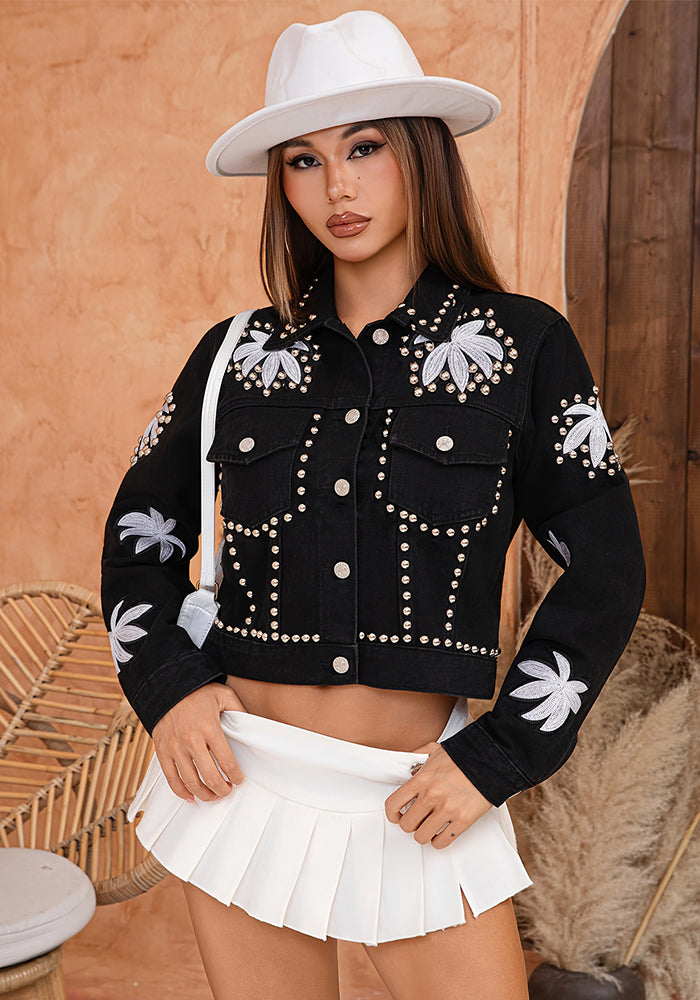 Women Beaded Embroidered Long-Sleeved Pocket Denim Jacket