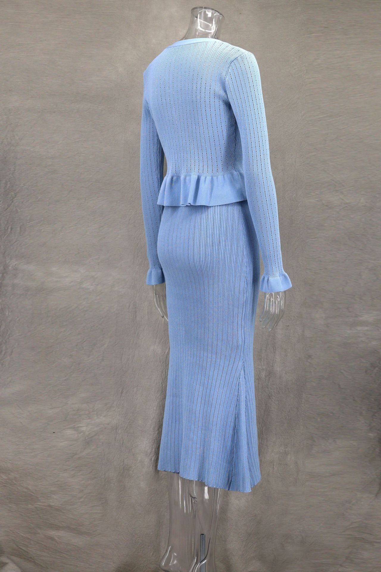 Autumn Winter Elegant Ruffled V-Neck Bodycon Fishtail Skirt Set 19