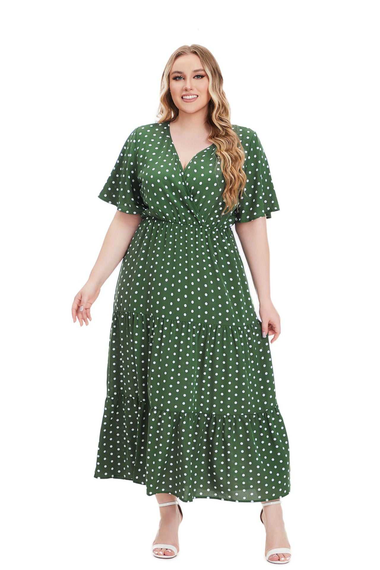 Plus Size Women Summer V Neck Polka Dot Short Sleeve Dress 6