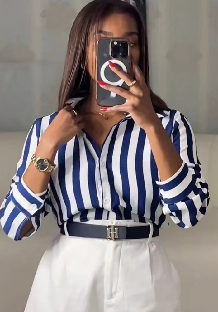 Women's Spring Fashionable Blue Striped Shirt