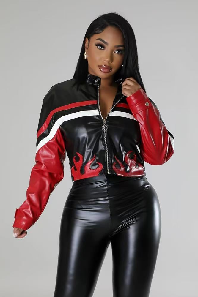 Women's Embroidered Flame Patchwork Leather Jacket