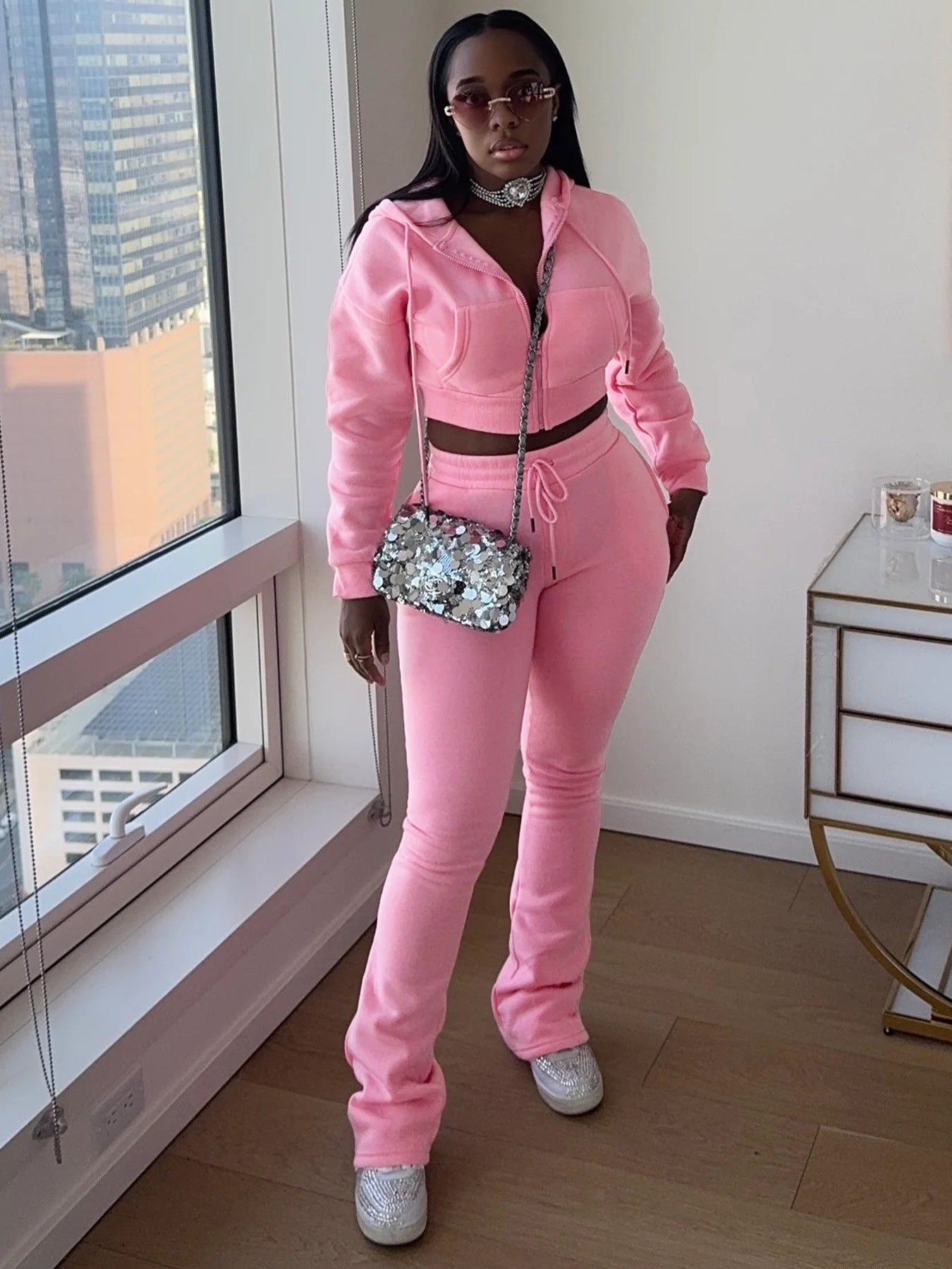 Women Hoodies and Bell Bottom Pants Two-Piece Set 9