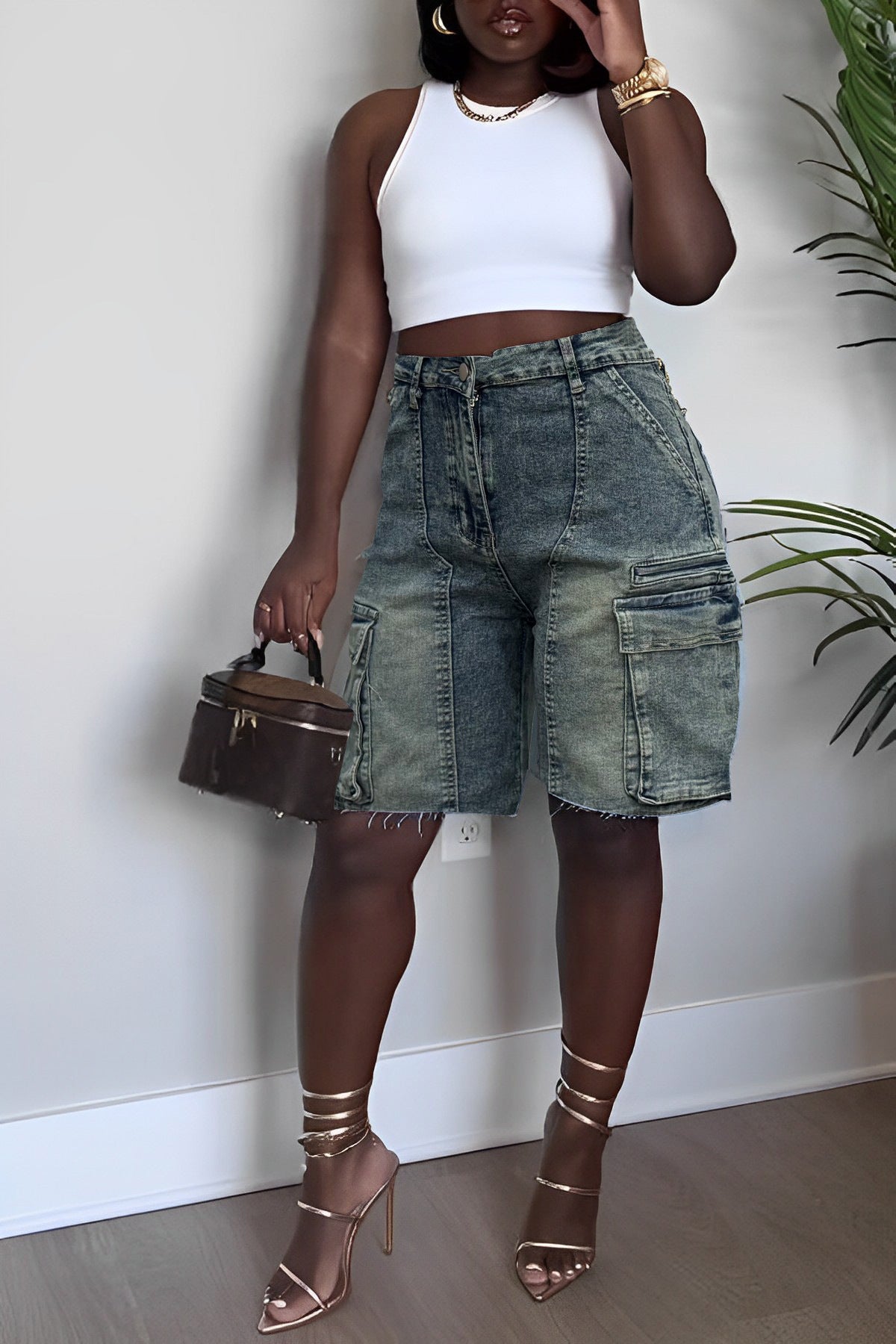 Women Ripped Cargo Denim Pants 5