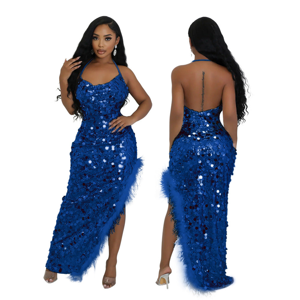 Women sexy suspender sequin irregular dress 6