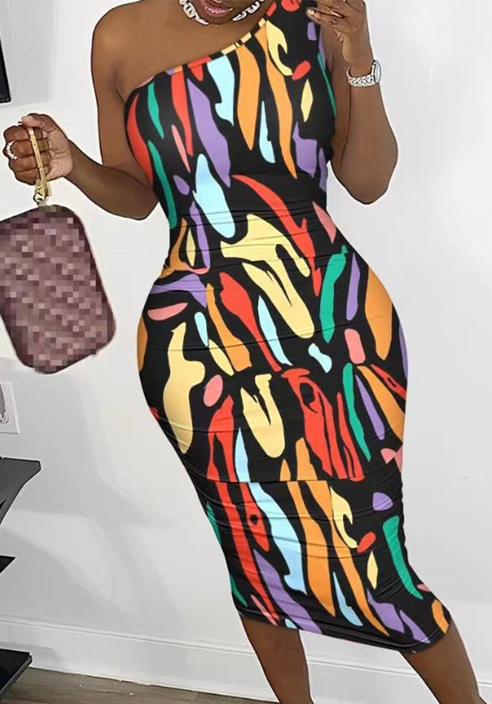 Women's Chic Elegant Slash Shoulder Printed Hollow Low Back Tight Fitting Bodycon Dress