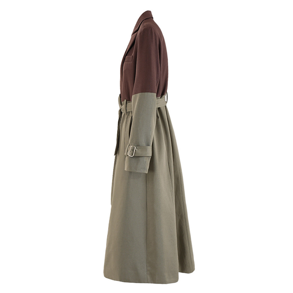 Women Fashion Contrast Patchwork Lace-Up Coat Windbreaker 4