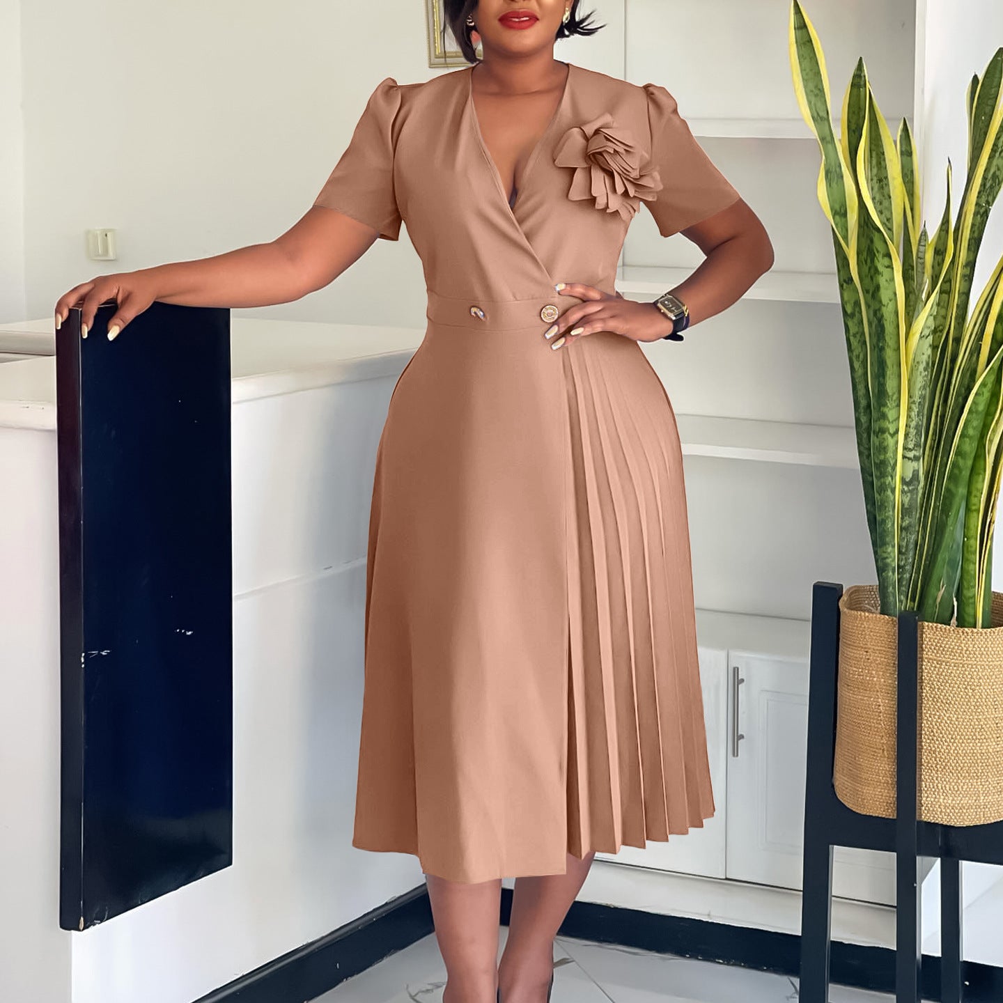 Women's Summer V-Neck Fashion Short Sleeve Solid Color Elegant Pleated African Dress 5