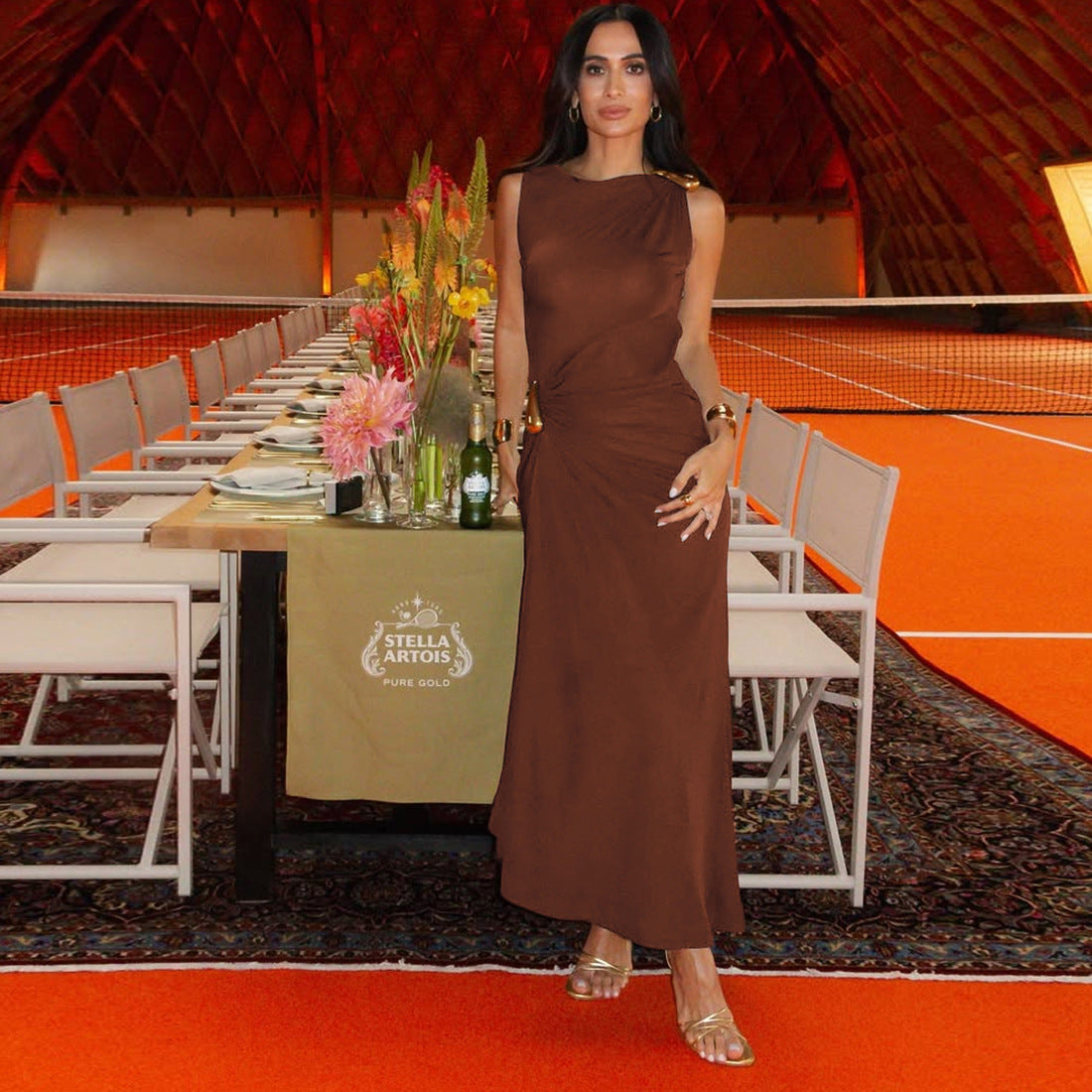 Women Fall Solid Metallic Sleeveless Sexy Slit Dress 10