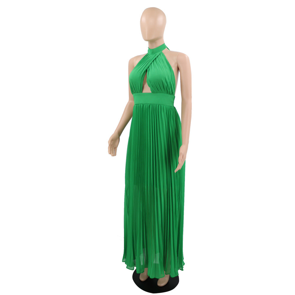 Sexy Halter Low Back Straps Solid Color Chiffon Pleated Dress 11
