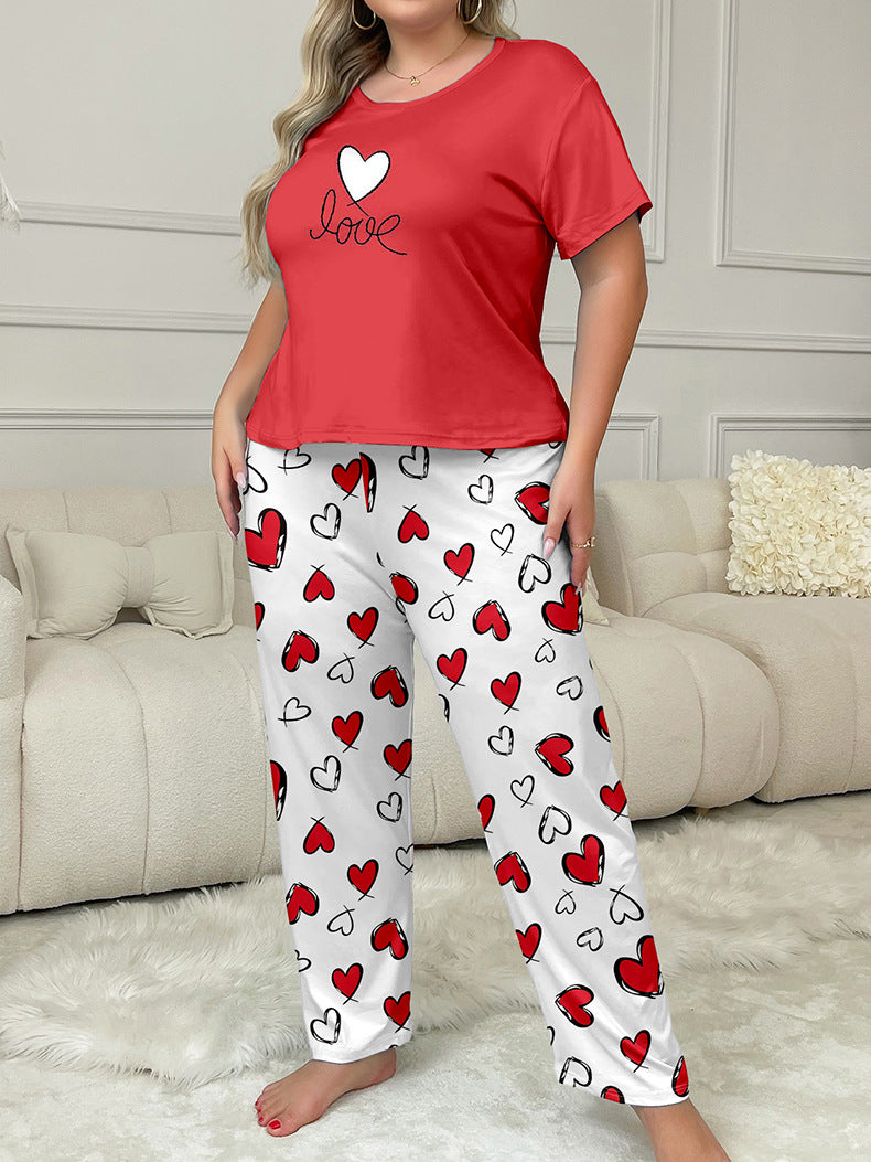 Plus Size Women Spring Summer Printed Short Sleeve T-shirt and Pants Pajama Set 4