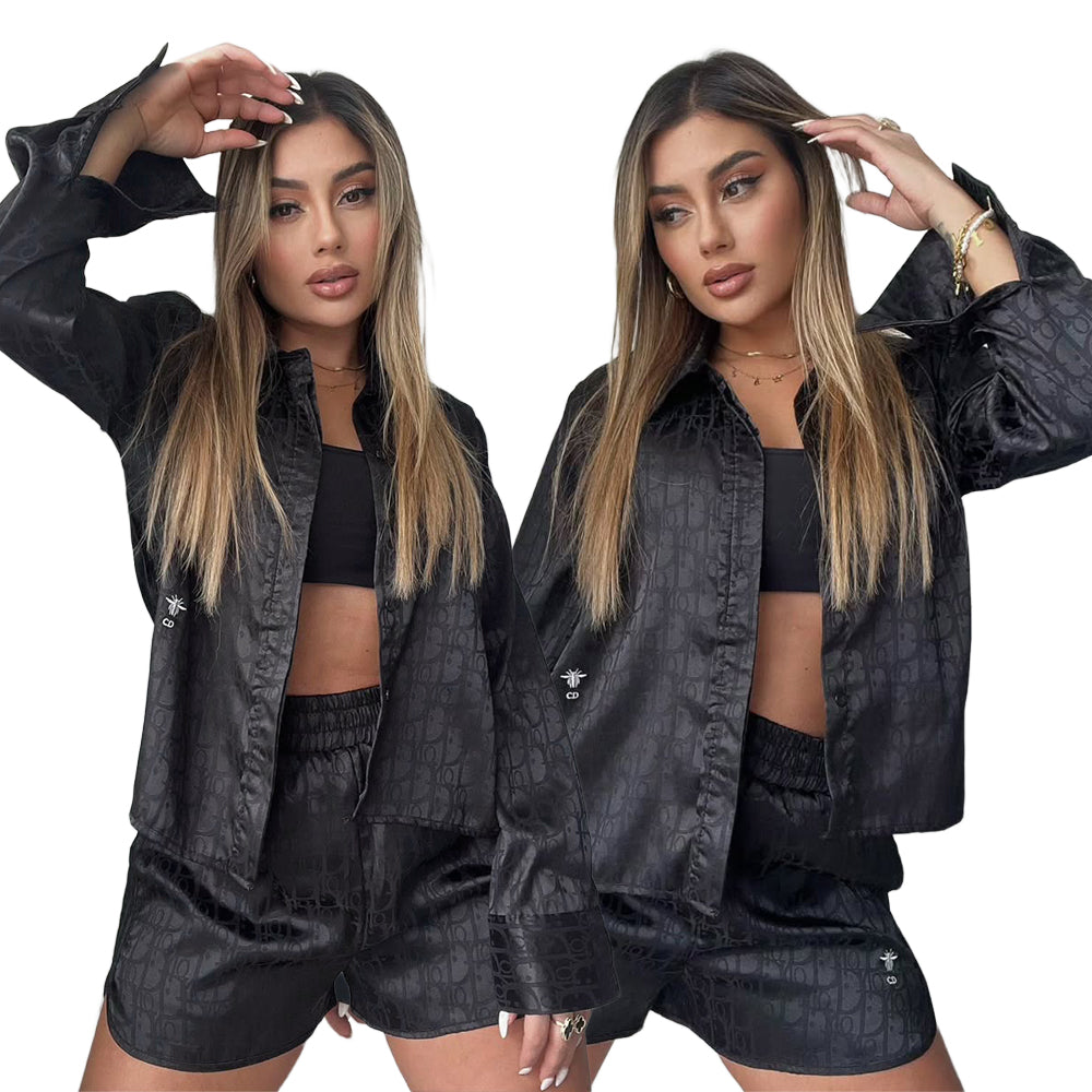 Women Elegant Satin Embroidered Long-Sleeved Top and Shorts Two-Piece Set 7