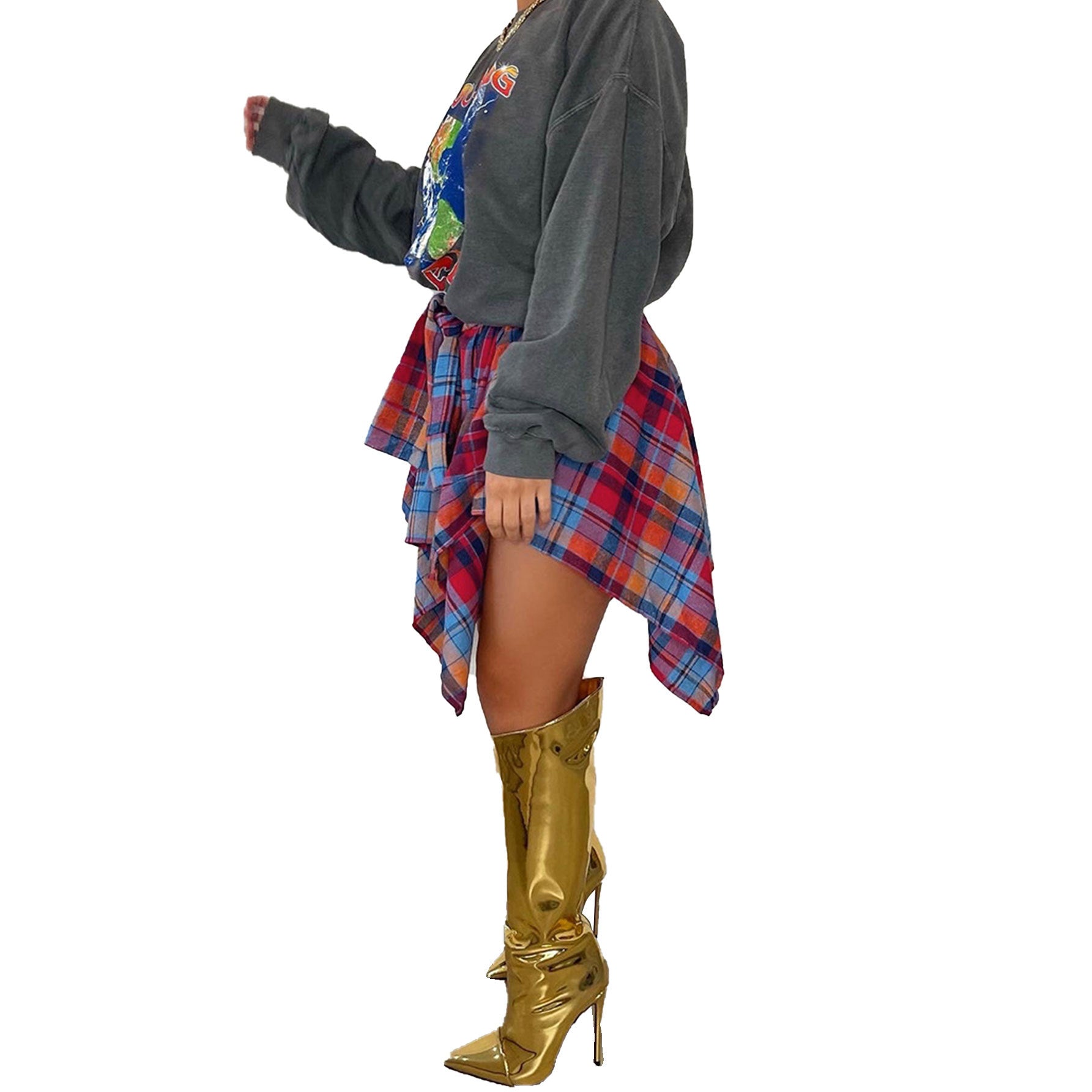 Fashionable Asymmetrical High-Waist Patchwork Plaid Skirt 12