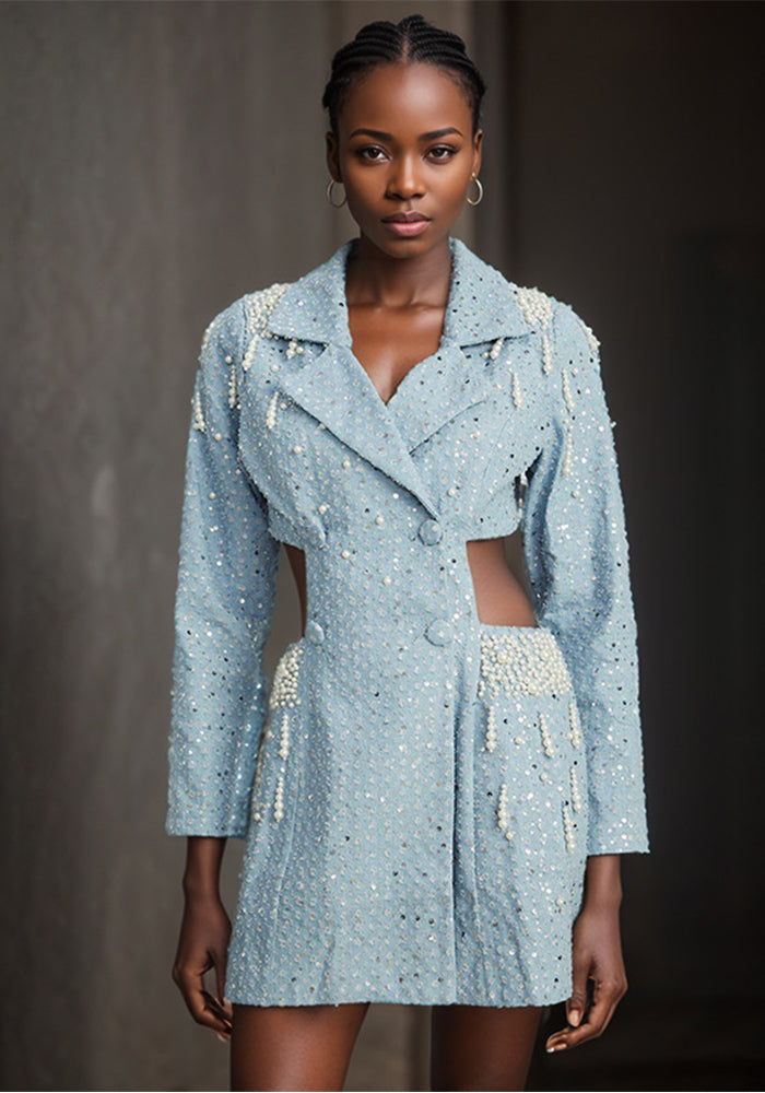 Women Sexy Open Waist Beaded Long Sleeve Blazer Dress