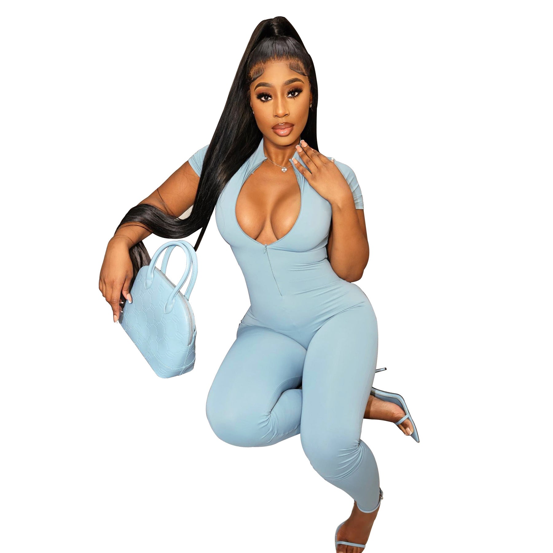 Sexy Ladies Jumpsuit Tight Spring Summer Slim Short Sleeve Zipper Tight Jumpsuit 7