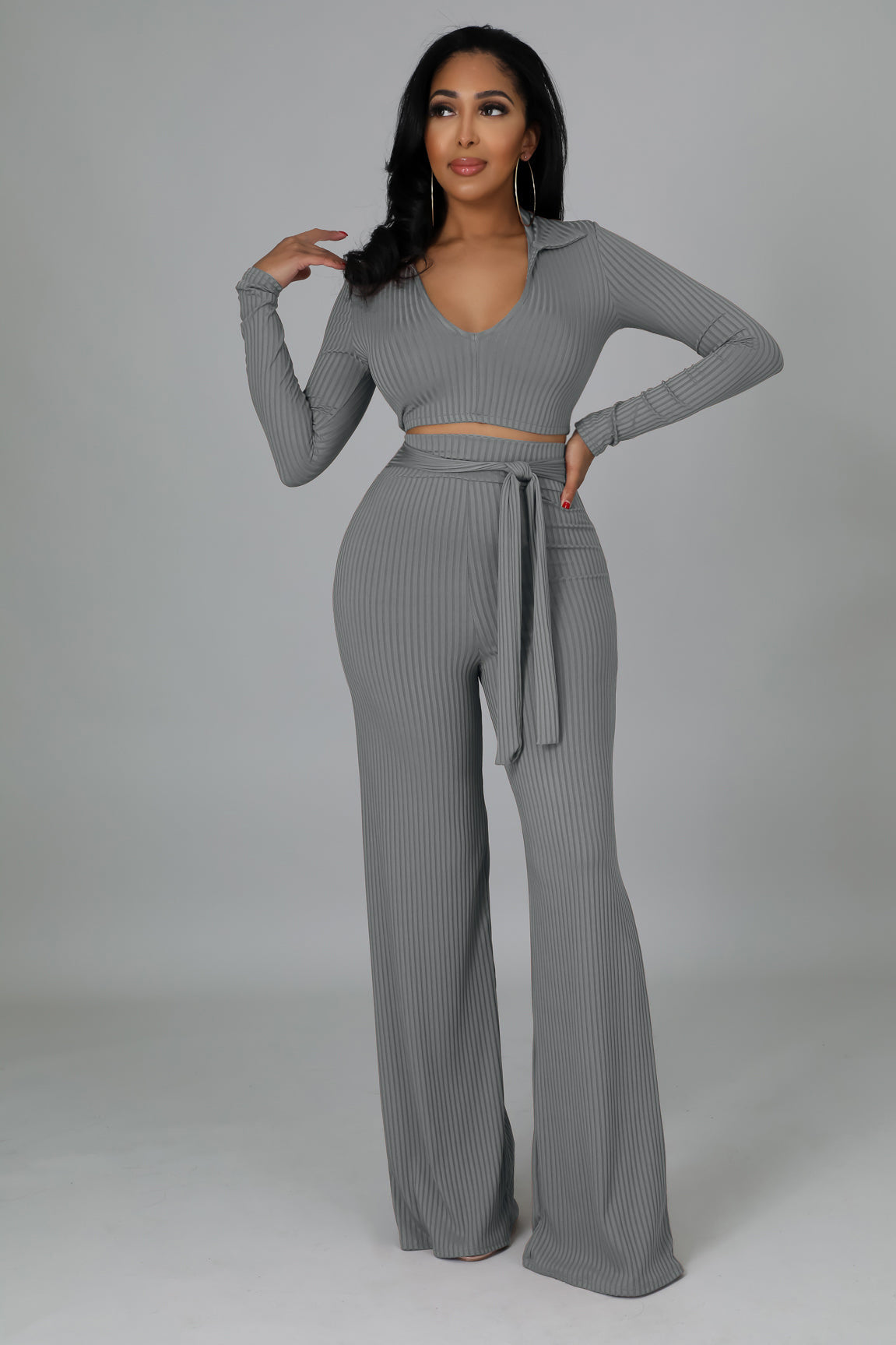 Women Solid V neck Top and Bell Bottom Pant two-piece set 5