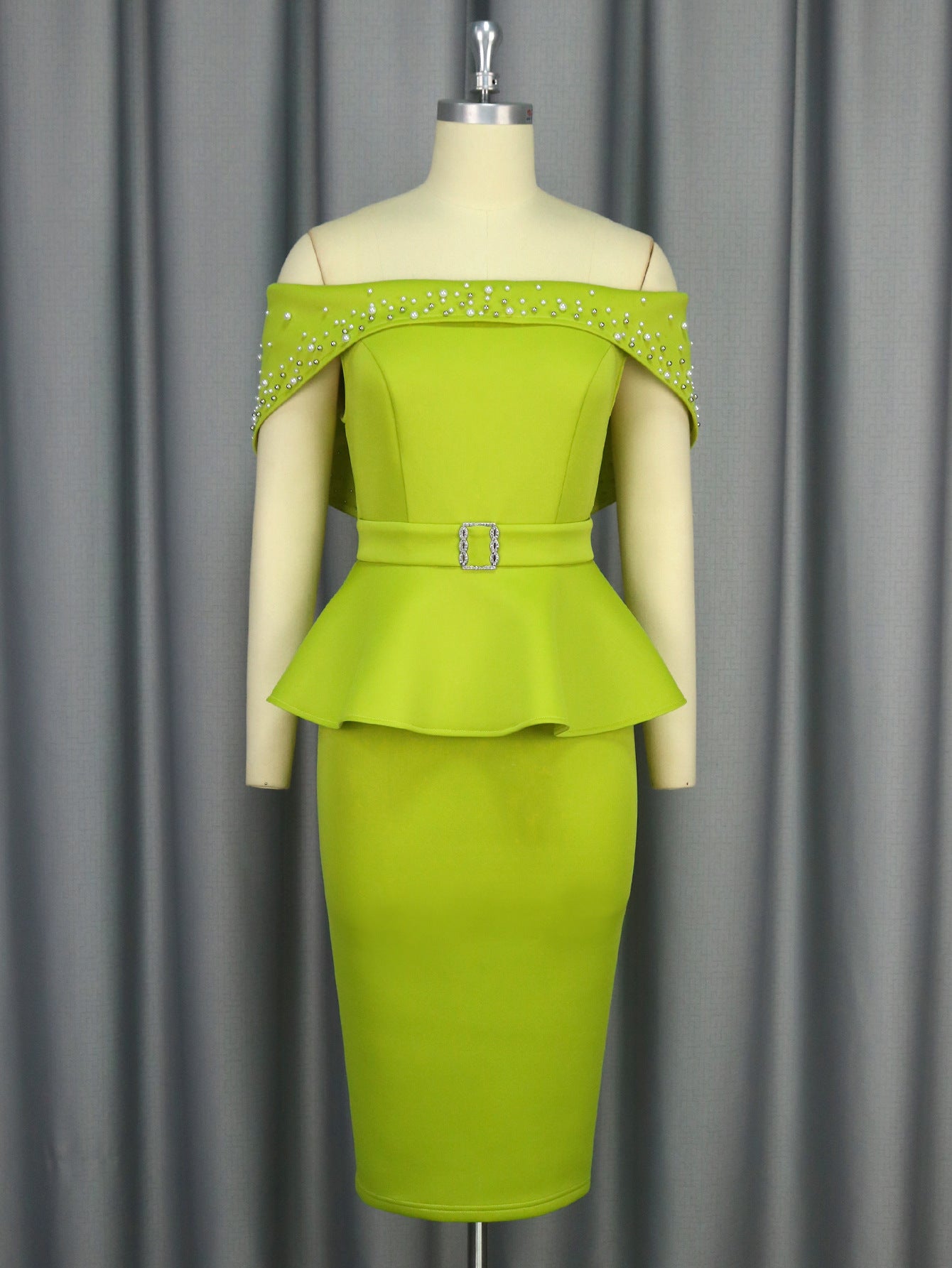 Off Shoulder Beaded Ruffle Peplum Formal Party Dresses