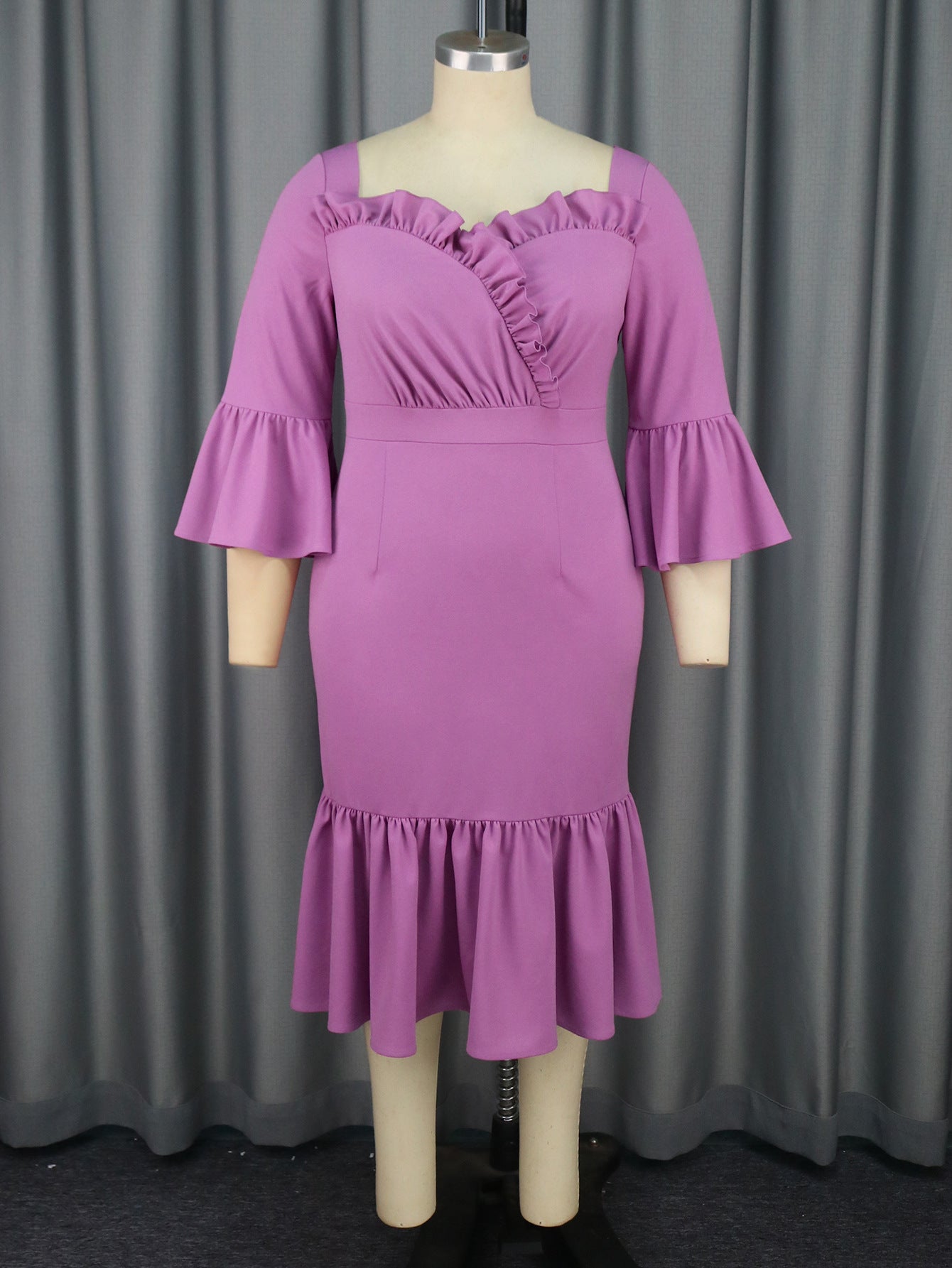Women Purple Ruffle Edge Square Neck Bell Bottom fishtail dress 3