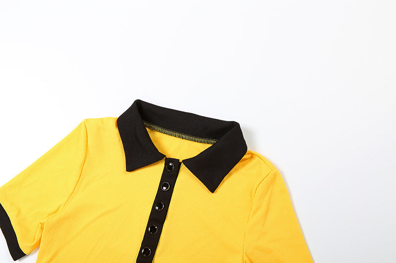 Summer Women's Short-Sleeve Turndown Collar Top with Bodycon Shorts Set 33