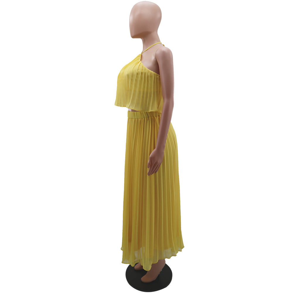 Sexy Low Back Halter Neck Tank Top Pleated Maxi Skirt Two-Piece Set 14