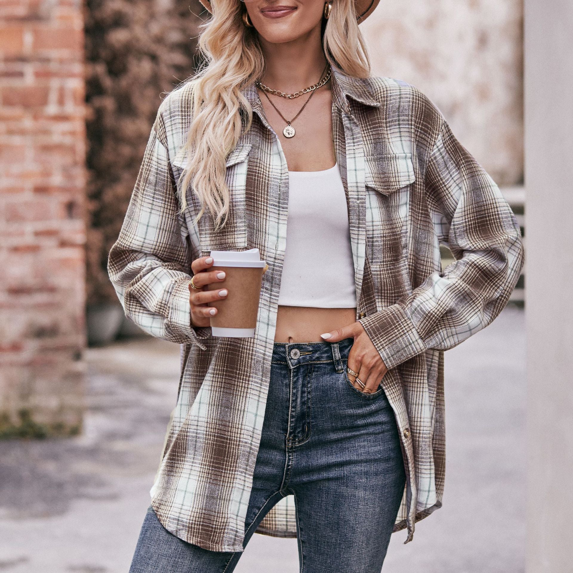 Women Casual oversize loose plaid shirt 11