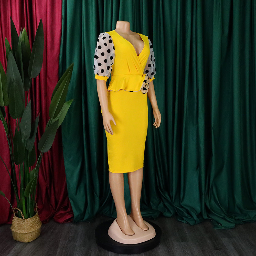 Women Summer mesh flocked puff sleeves V-neck Bodycon dress 11