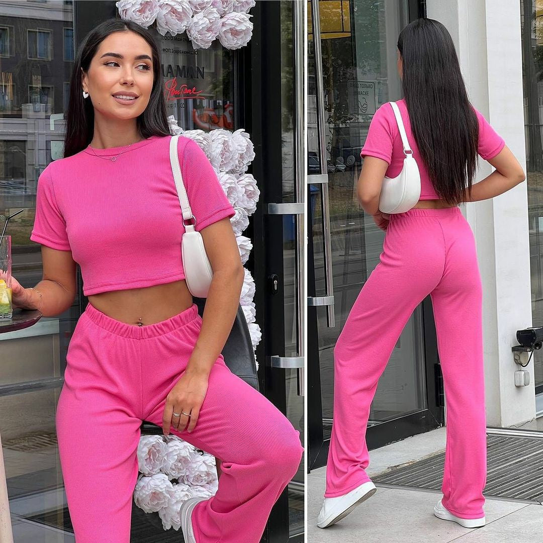 Short-Sleeved Fashionable and Sexy Crop T-Shirt Summer Trousers Two-Piece Set 5