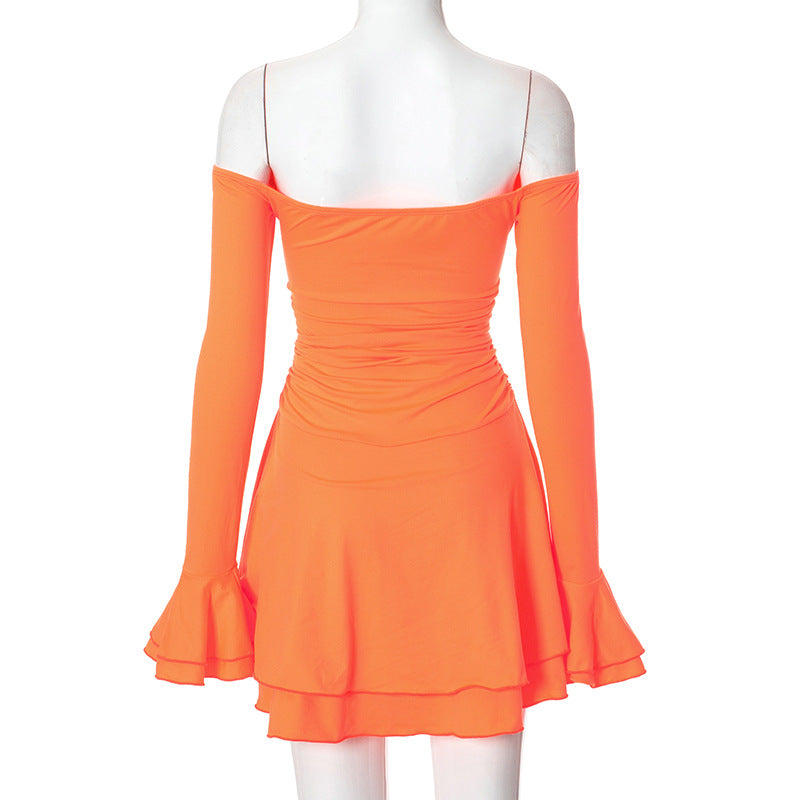 Women Solid Off Shoulder Bell Bottom Sleeve Dress 10