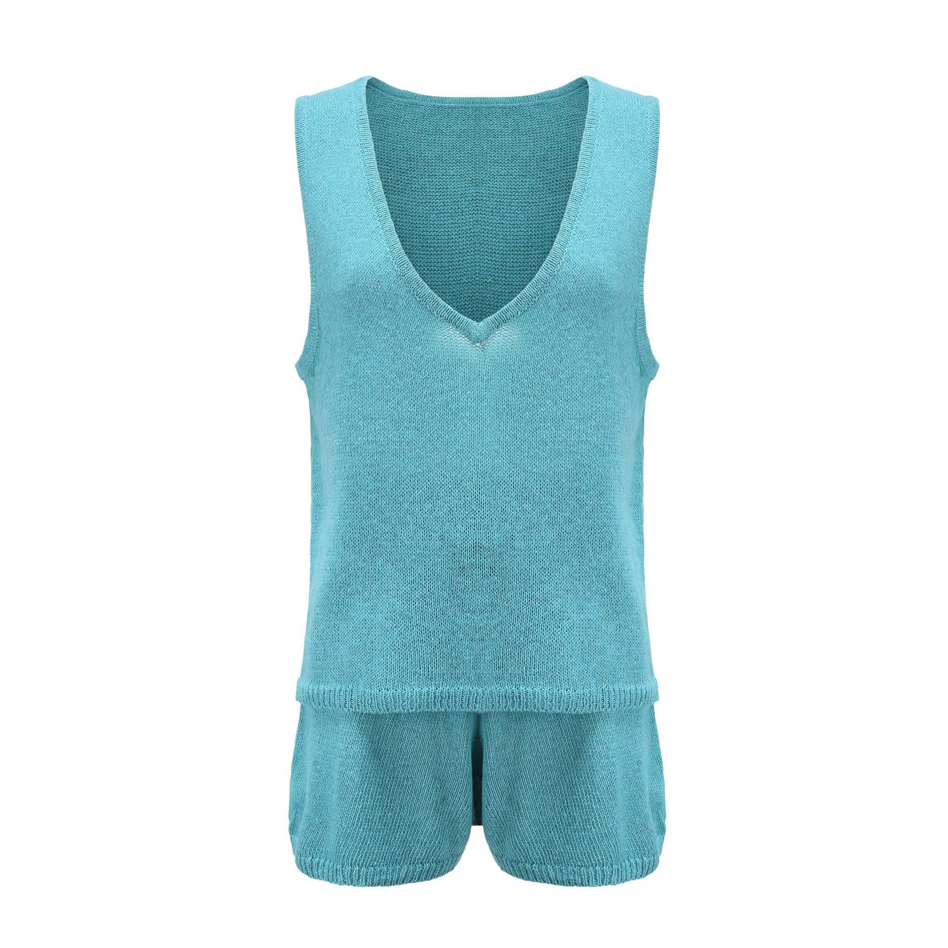 Summer fashion casual deep V-neck knitting vest and shorts two-piece set 24
