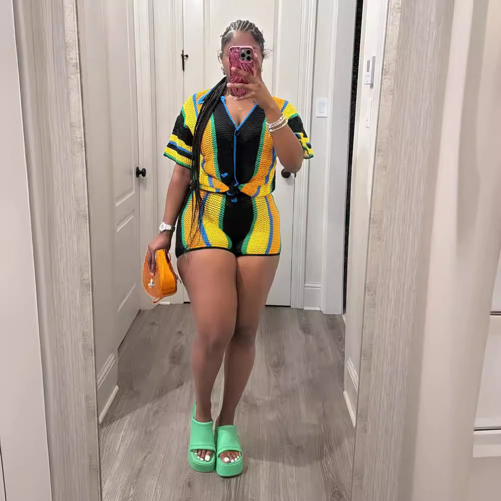 Women's Sexy Hollow See-Through Turndown Collar Knitting Two Piece Shorts Set 25