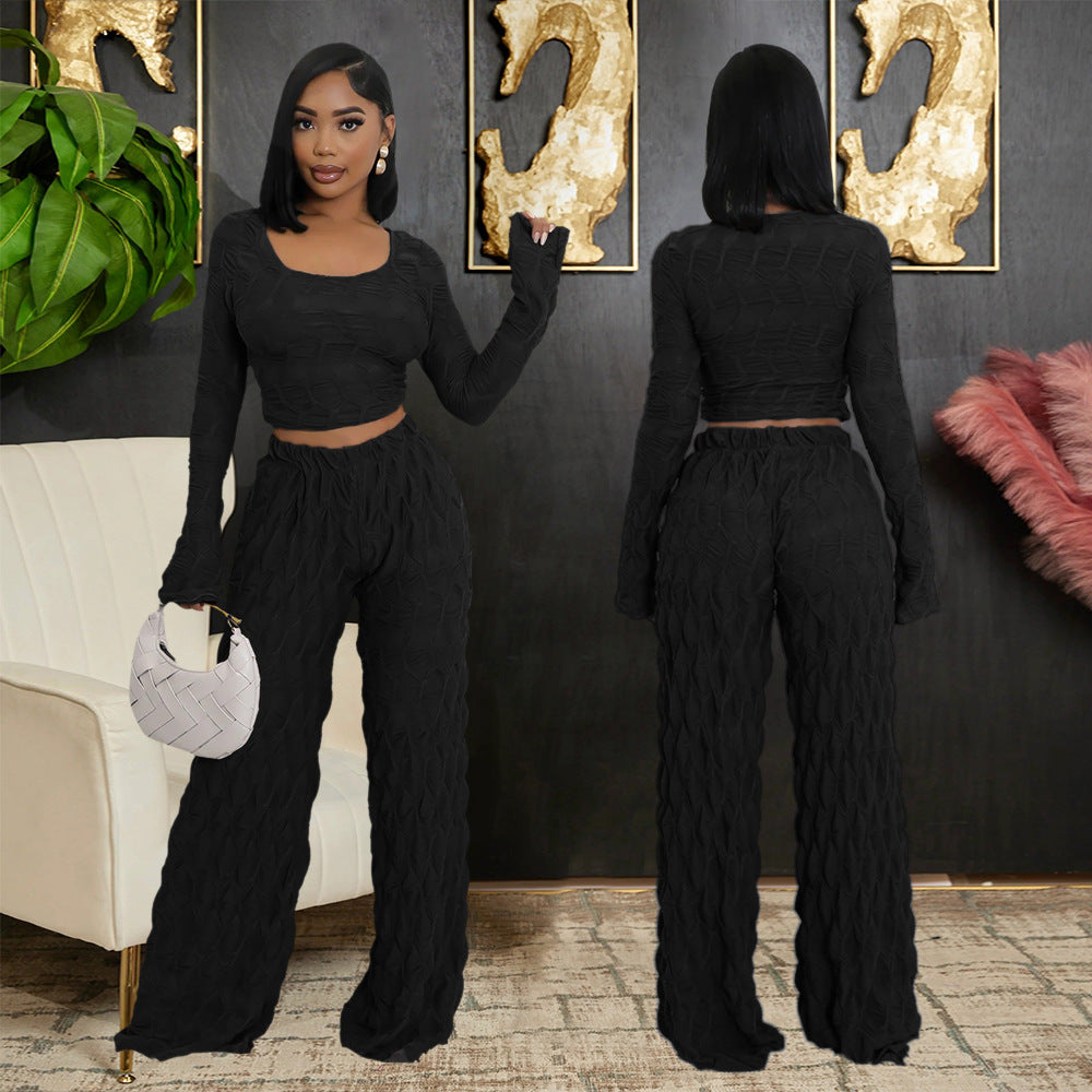 Off Shoulder Long Sleeve Short Top Fashion Slim Trousers  Women Two-Piece Set