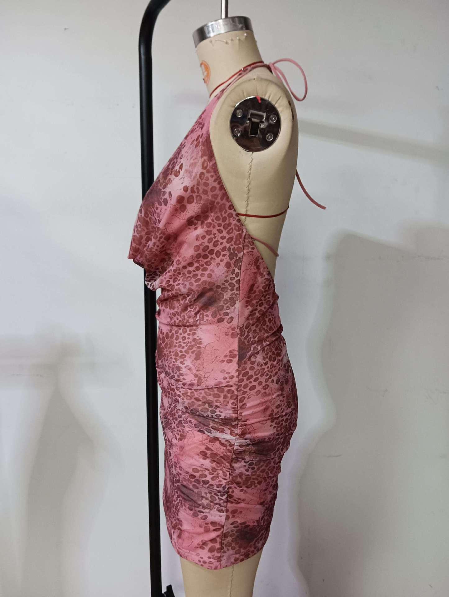 Women's Sexy Mesh Printed Drop Collar Cut-Out Low Back Halter Neck Lace-Up Short Dress 9