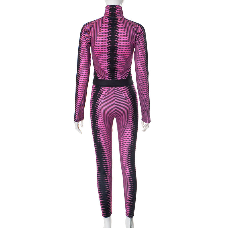 Women's autumn and winter contrast stripe print Stand Collar zipper top trousers yoga suit 6