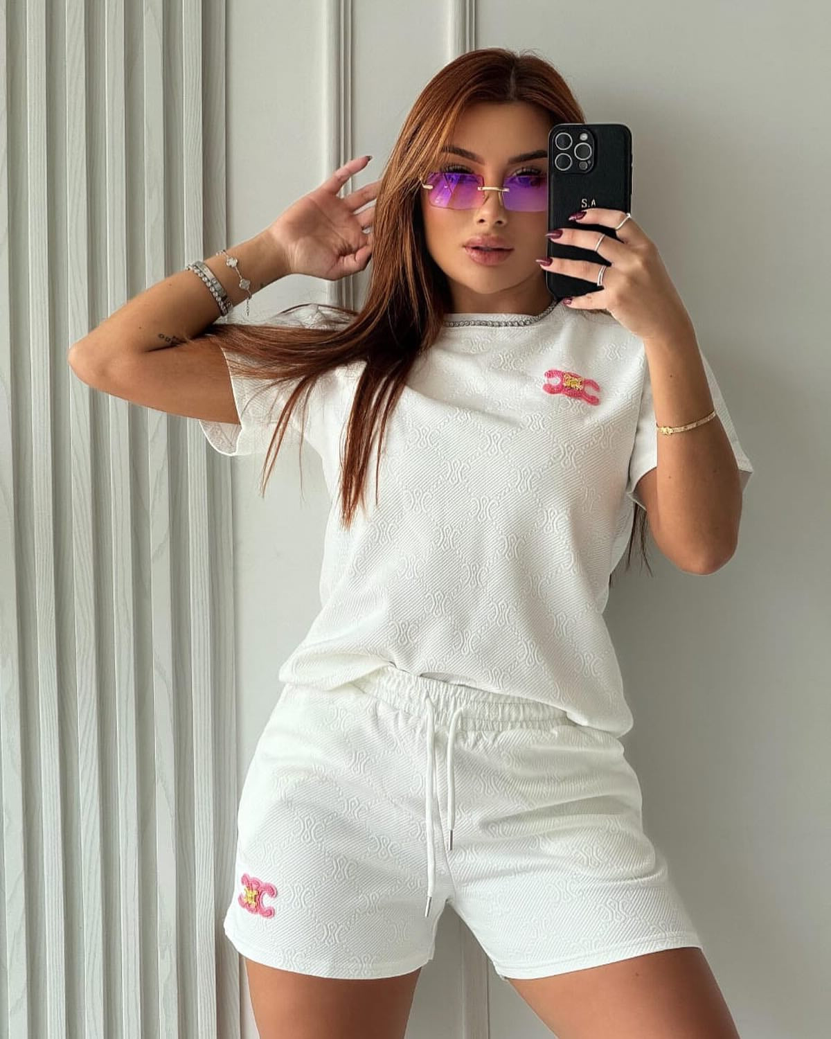 Fashion Casual Women's Jacquard Short Sleeve Shorts Set 3