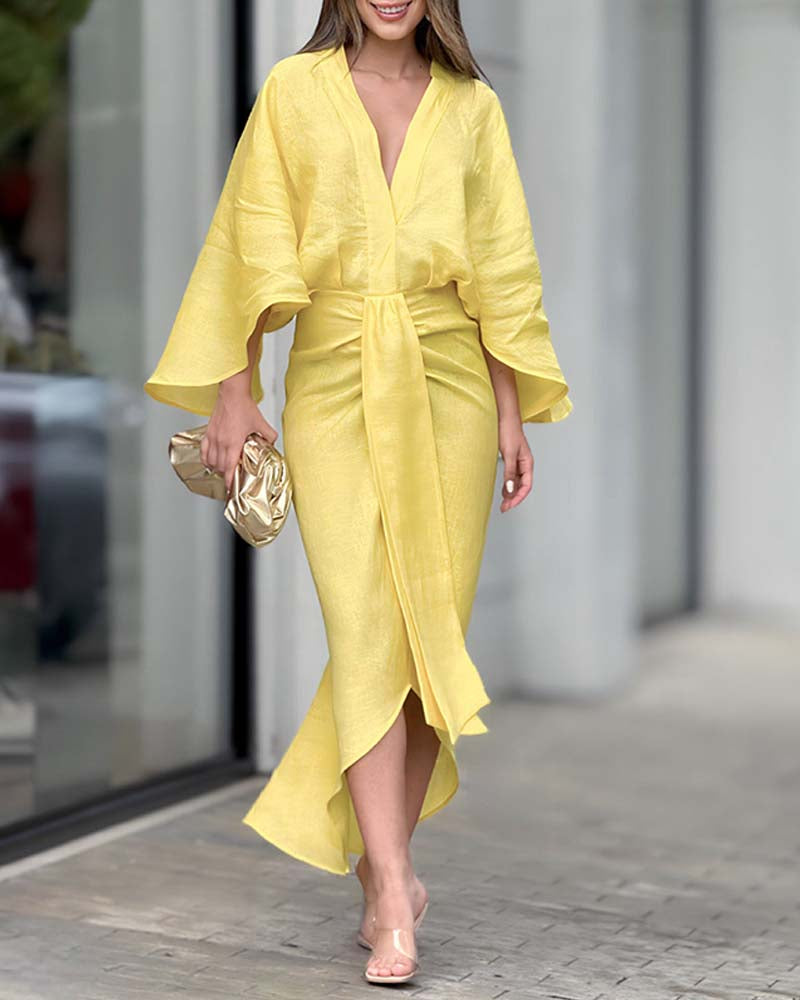 Women irregular Bat Sleeves V-neck Dress