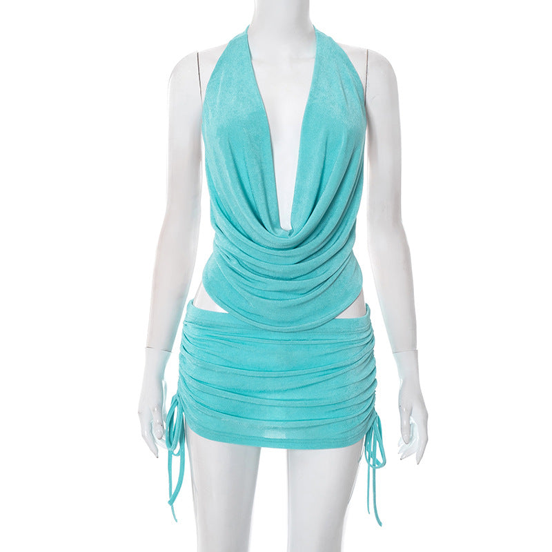 Women V Neck Halter Neck Lace Backless Top and Skirt two-piece suit 5